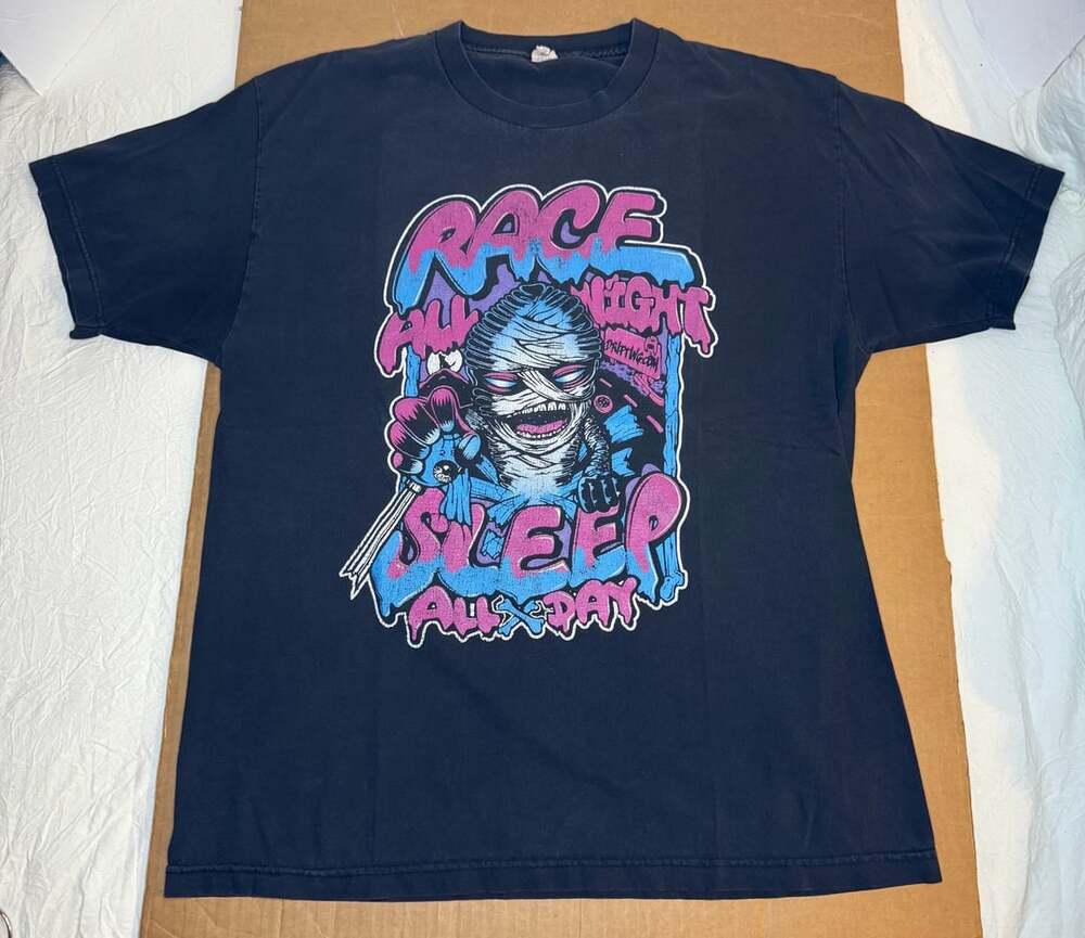 VTG Driftwood Race All Night Sleep All Day Size L Black T-Shirt